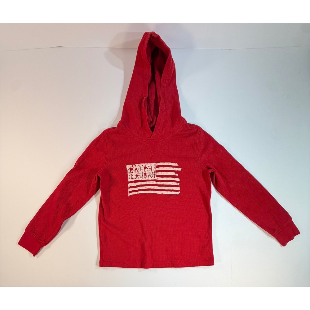 Polo Ralph Lauren Boys Red Waffle Knit Thermal Hoodie American Flag M 10-12